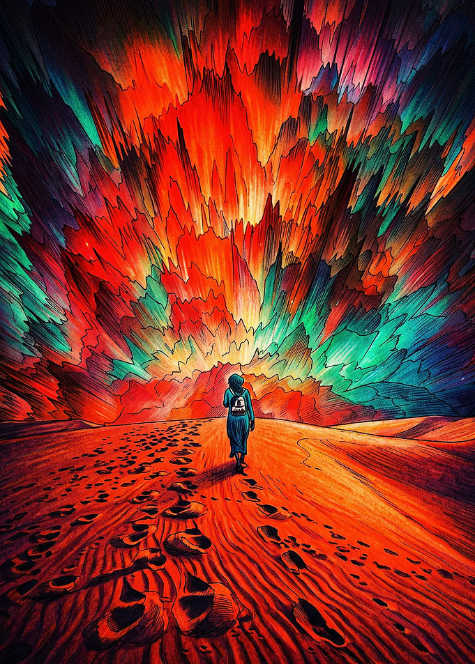 Lone Traveler in Surreal Desert
