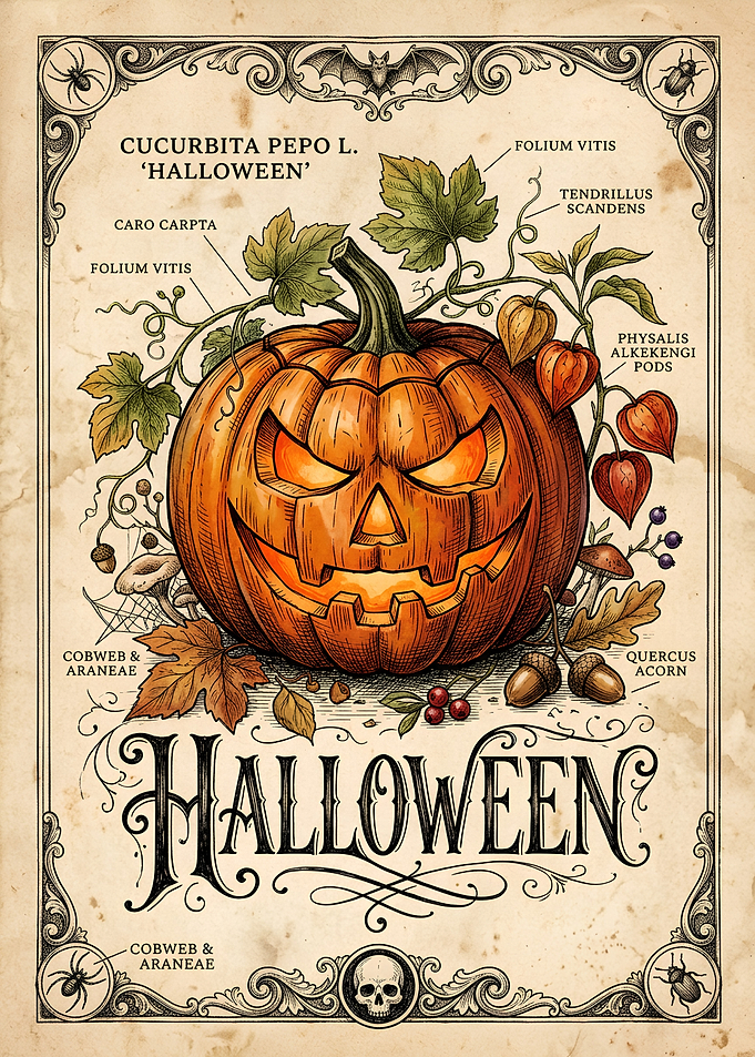 Vintage Halloween Botanical Pumpkin Poster