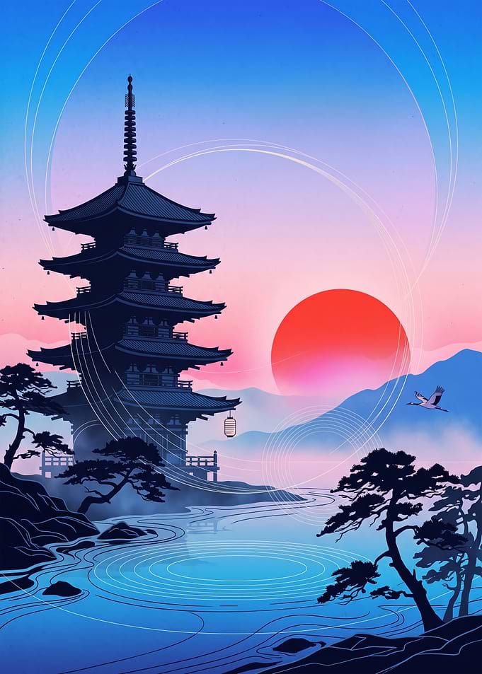 Japanese Pagoda at Sunset