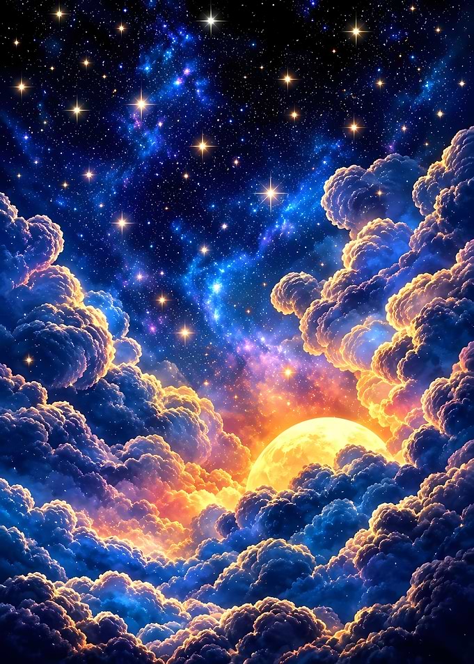 Golden Moon Amidst Cosmic Clouds