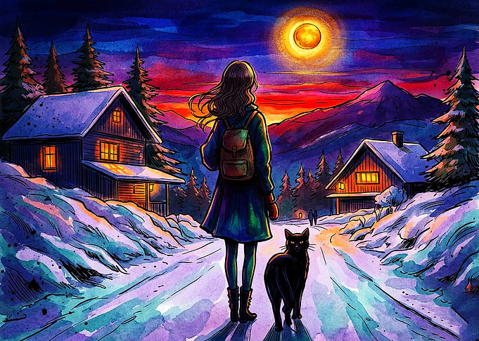 Girl and Cat in Snowy Landscape