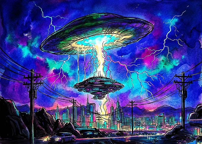 UFO Invasion Over Neon City