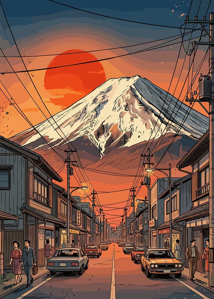 Mount Fuji Sunset Street Scene