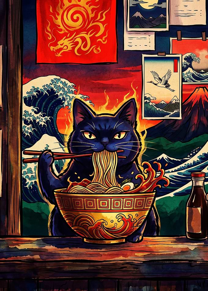 Black Cat Eating Ramen Japanese Art