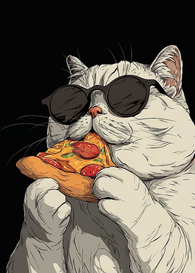 Cool Cat Eating Pepperoni Pizza