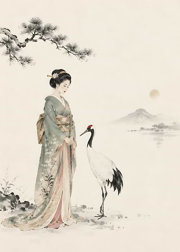 Geisha and Crane in Traditional Ink