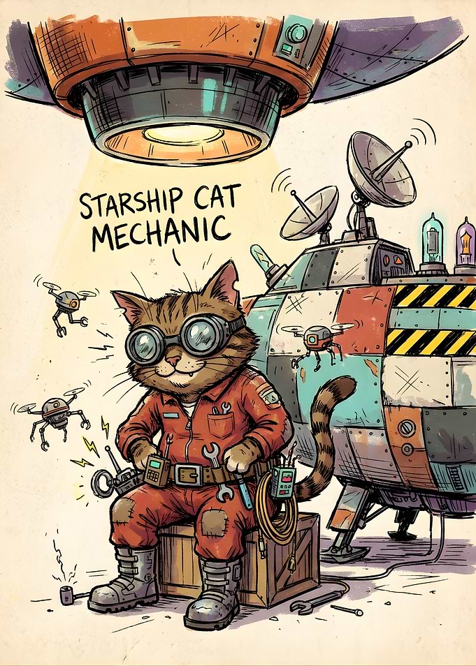 Starship Cat Mechanic Illustration