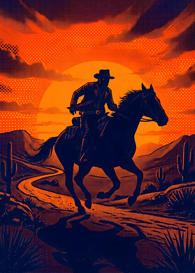 Cowboy Riding Horse at Sunset