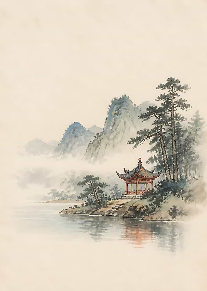 Traditional Chinese Pavilion by Misty Lake