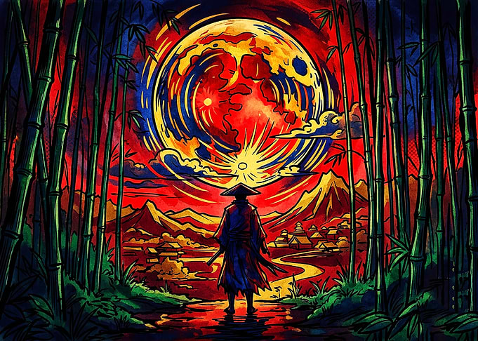 Samurai Standing in Bamboo Forest