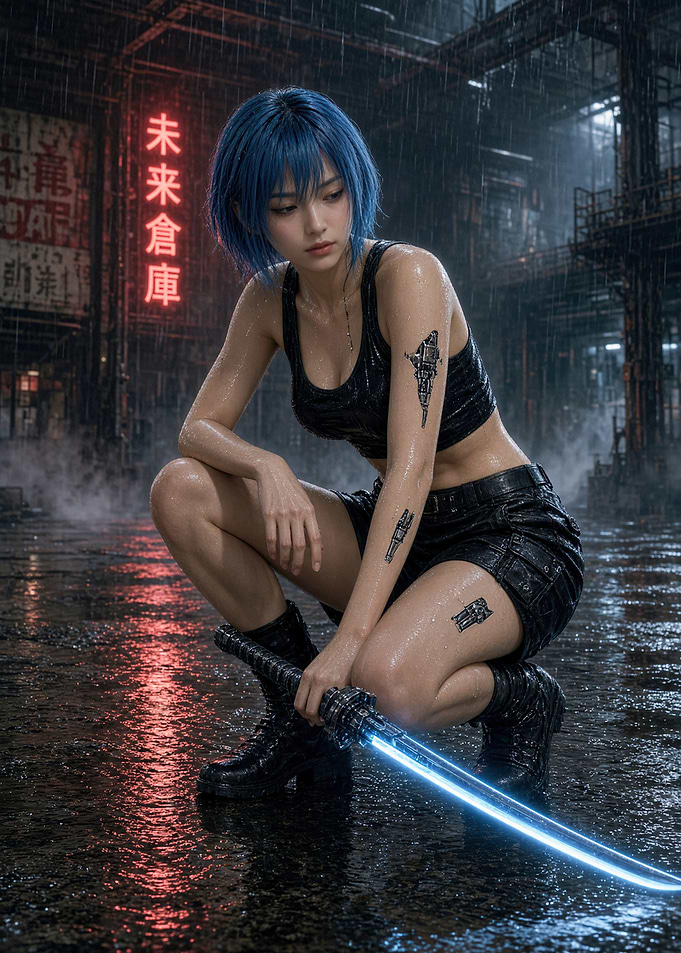 Cyberpunk Warrior with Glowing Katana