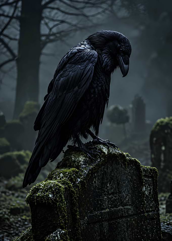 Raven Perched on Mossy Tombstone