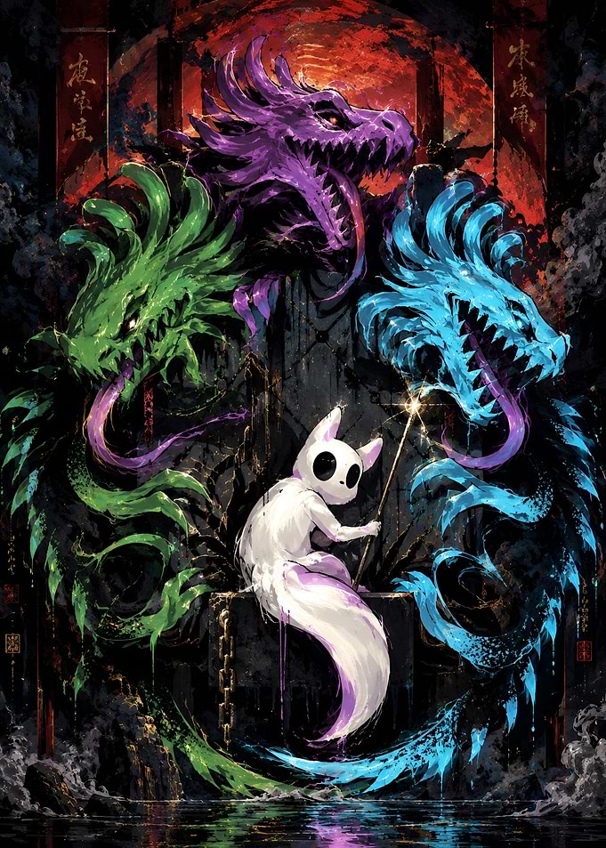 White Creature with Three Elemental Dragons