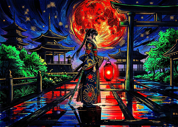 Samurai Girl Under Red Moon