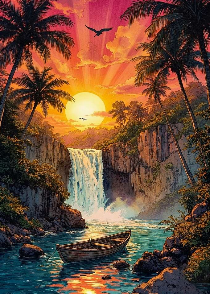 Tropical Waterfall Sunset with Wooden Boat