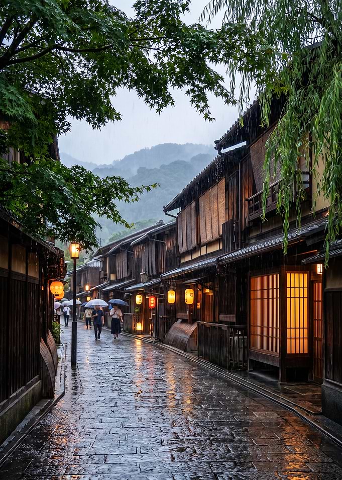 Rainy Evening in Traditional Kyoto Street