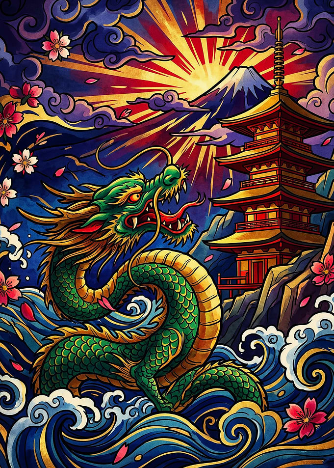 Japanese Dragon and Pagoda Art