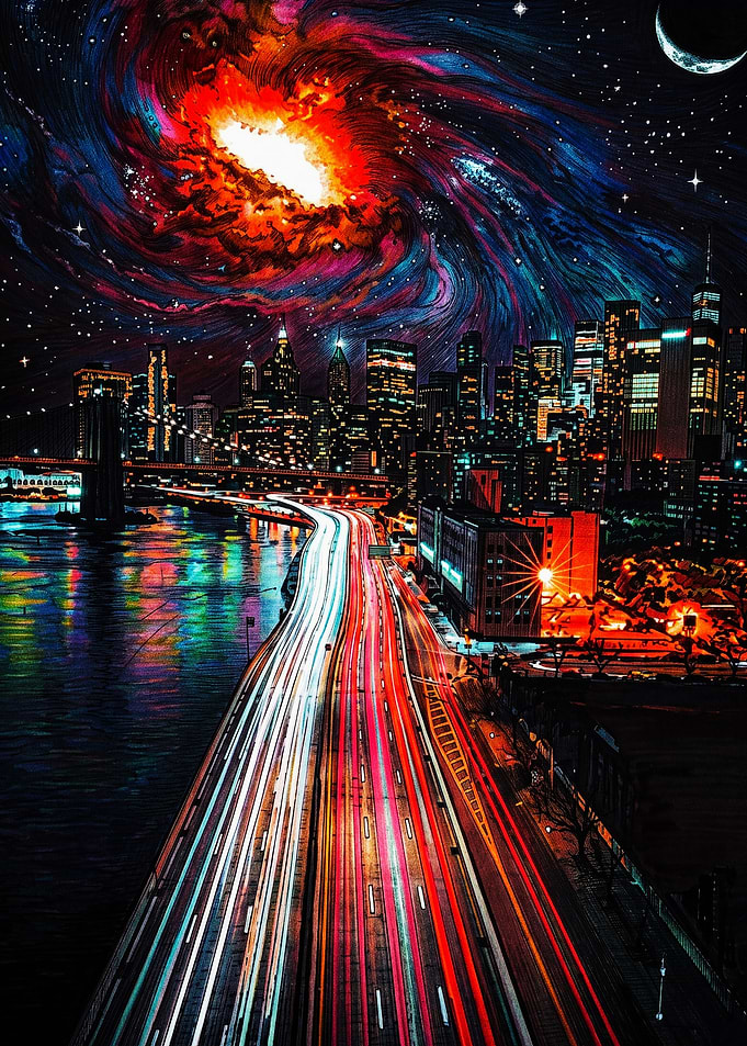 Cosmic Cityscape with Light Trails