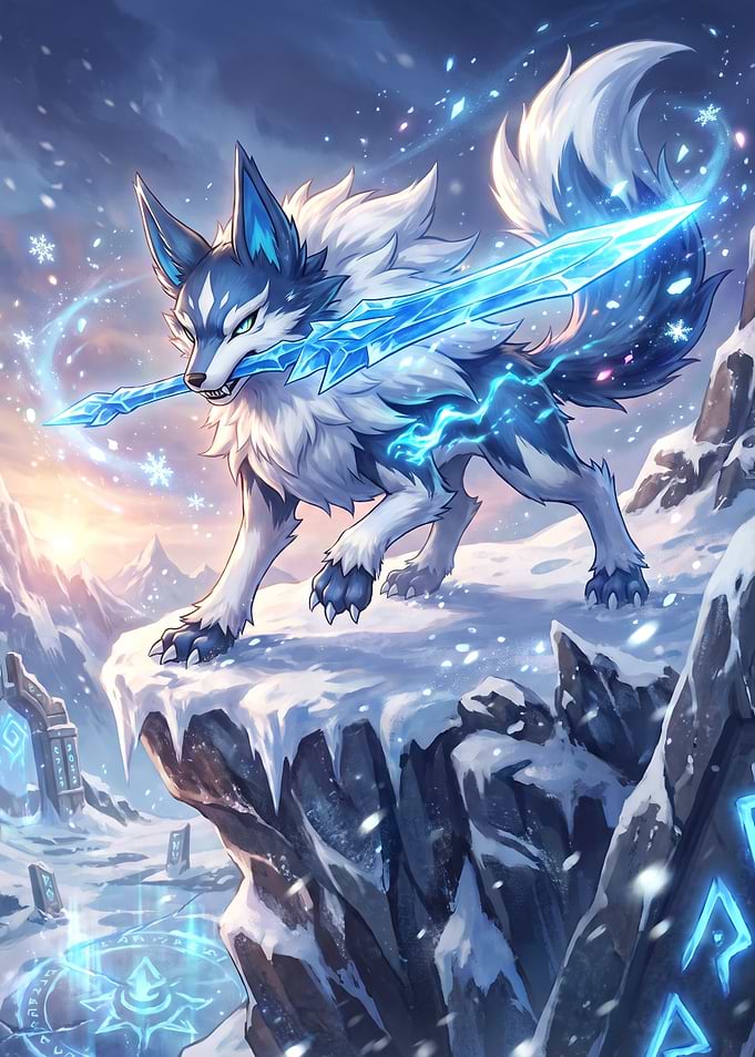 aniimo Ice Wolf Guardian with Crystal Sword