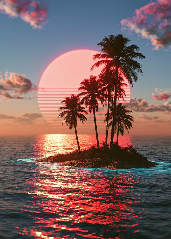 Synthwave Tropical Island Sunset
