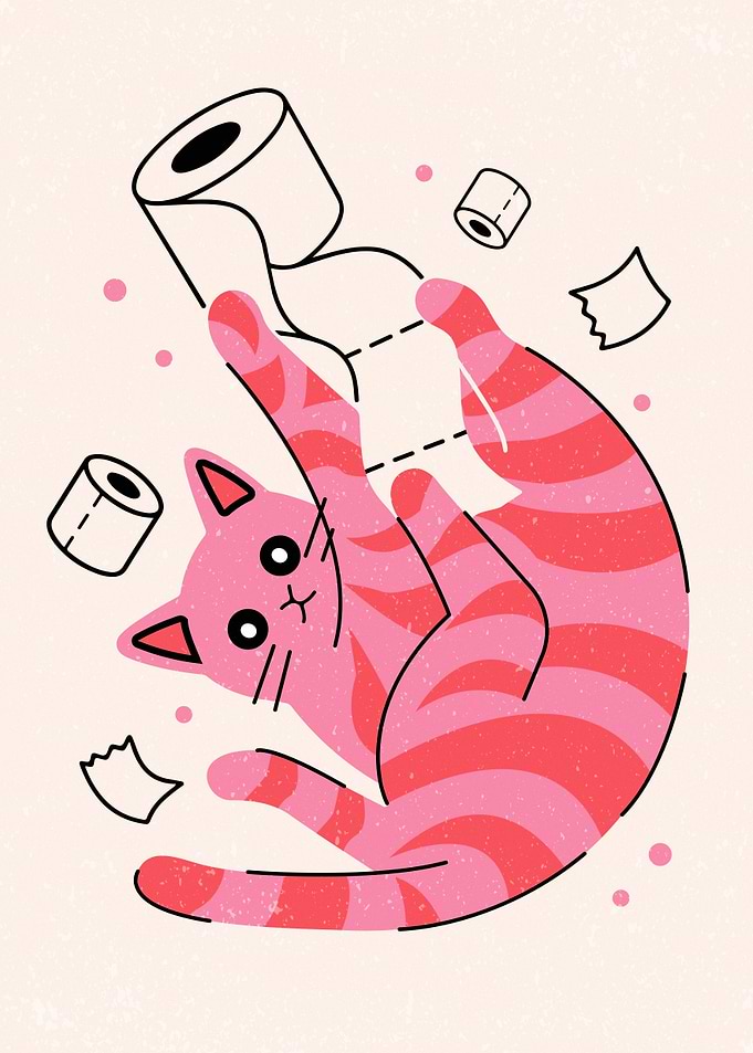 Playful Pink Striped Cat with Toilet Paper