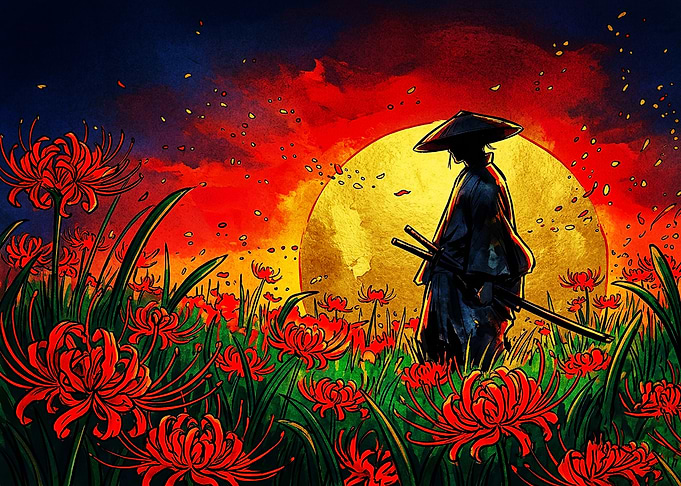 Samurai in Red Spider Lily Field