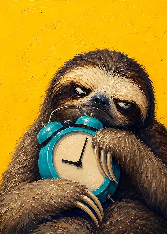 Grumpy Sloth Holding Alarm Clock