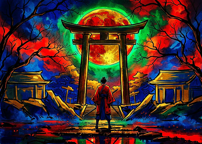 Samurai Standing Before Torii Gate
