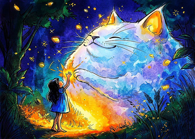Girl Touching Magical Giant Cat