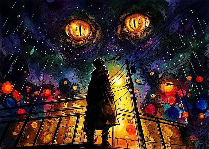 Person Facing Giant Cosmic Eyes