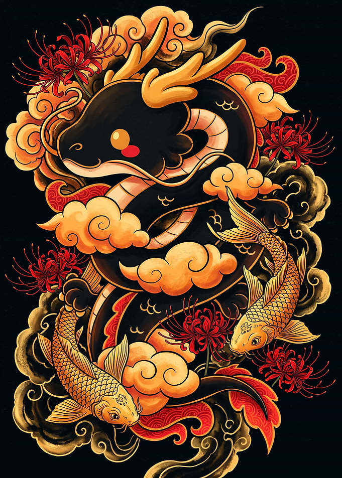 Cute Dragon and Koi Fish Illustration