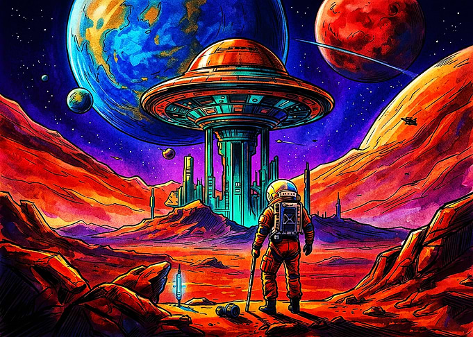Astronaut Exploring Alien Planet Landscape