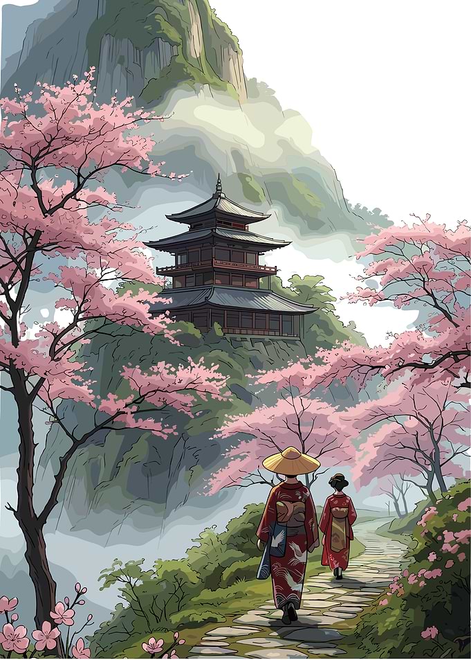 Two Women Walking Toward Mountain Temple