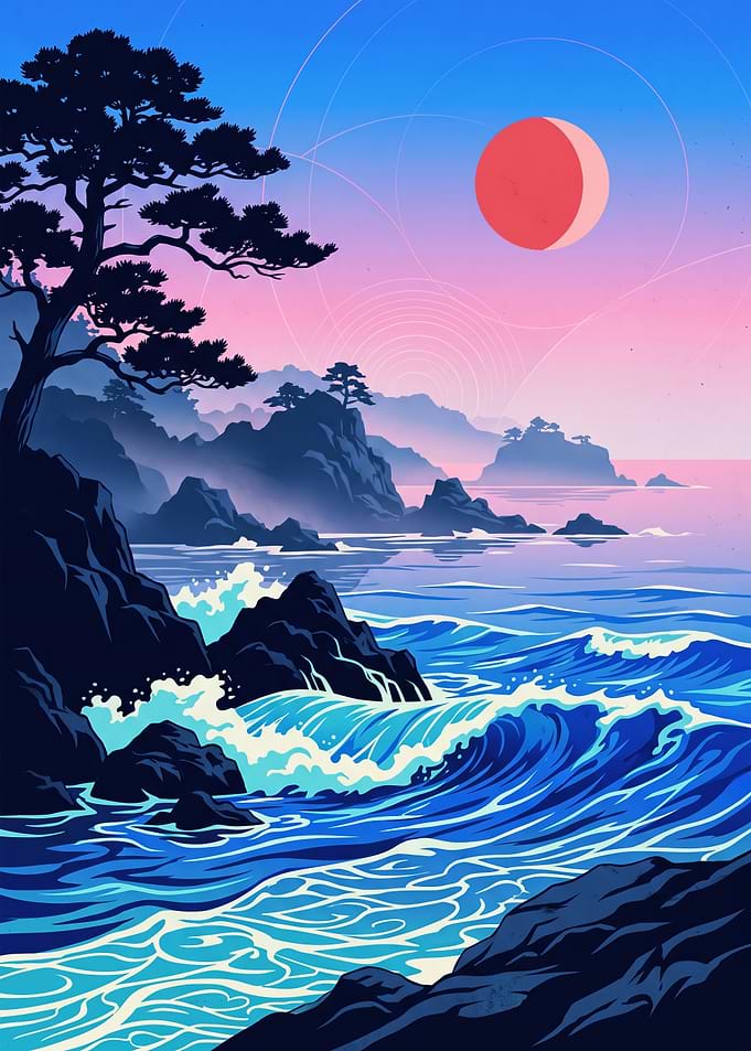 Stylized Japanese Coastal Landscape