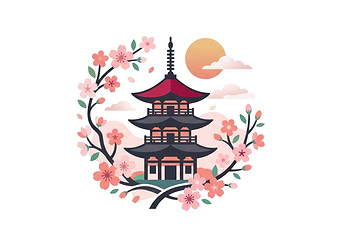 Japanese Pagoda with Cherry Blossoms