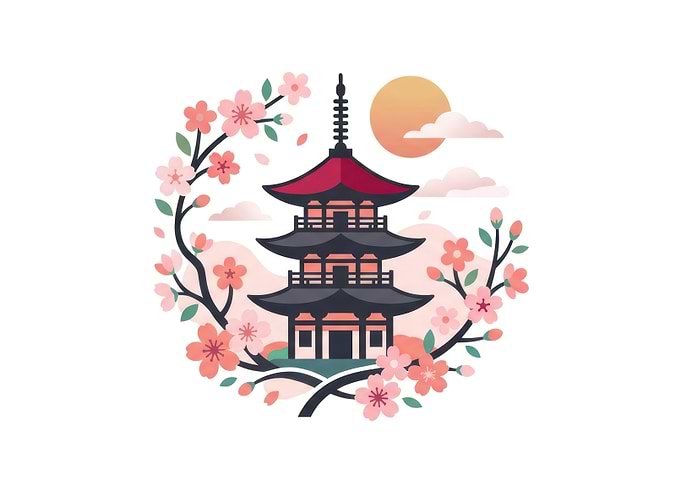 Japanese Pagoda with Cherry Blossoms