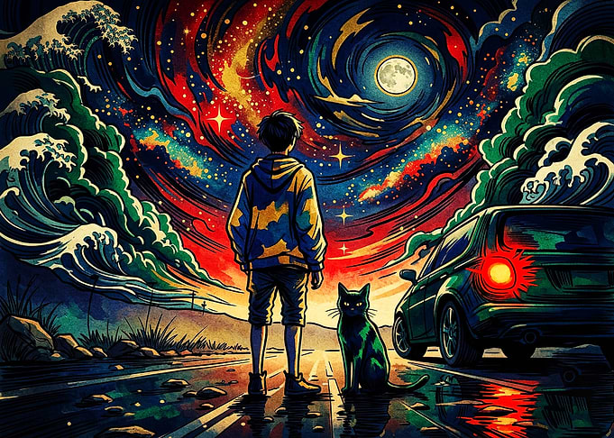 Boy and Cat Under Cosmic Sky