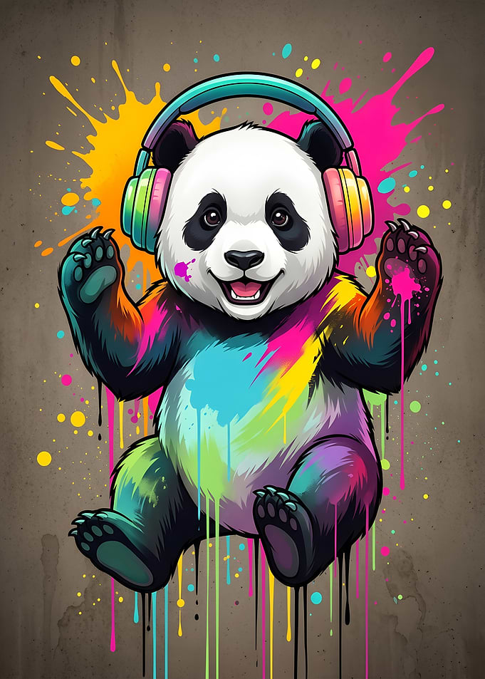 Colorful DJ Panda with Headphones Music