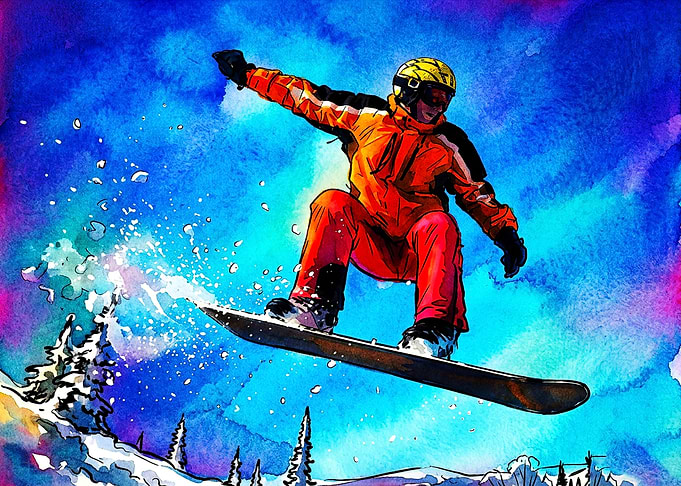 Snowboarder Jumping in Vibrant Watercolor
