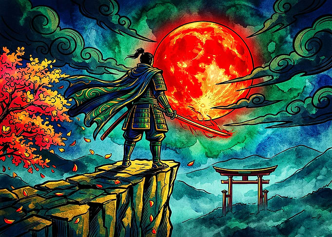 Samurai Standing Before Blood Moon