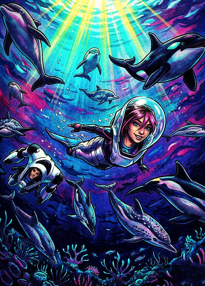 Girl Swimming with Dolphins Underwater