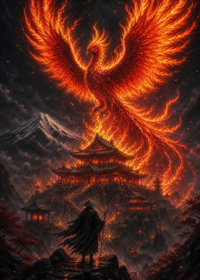 Phoenix Rising Over Ancient Temple