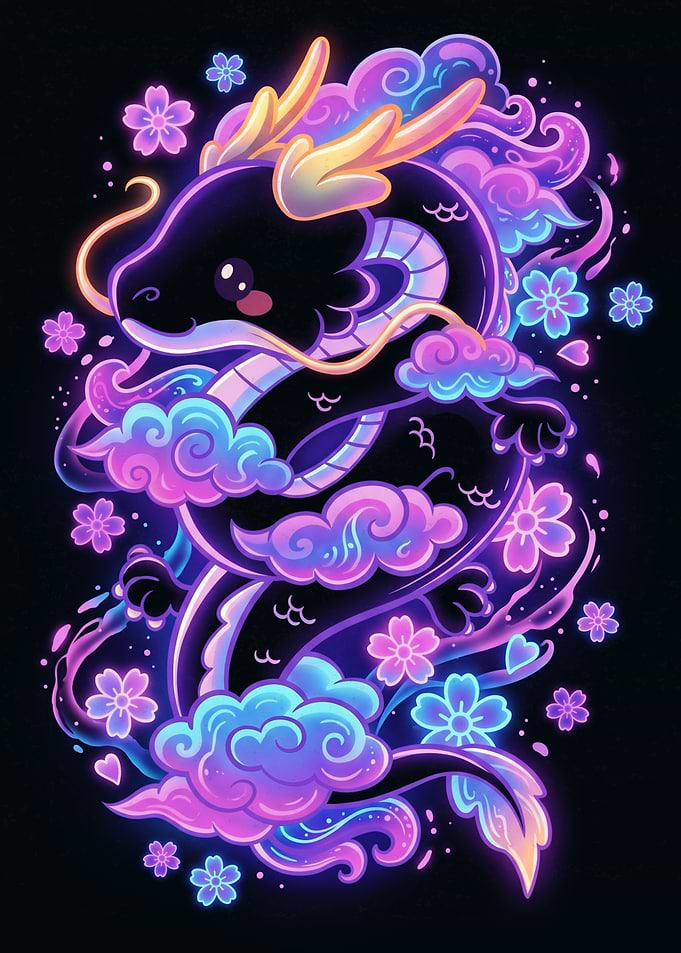 Neon Glowing Chibi Dragon Illustration