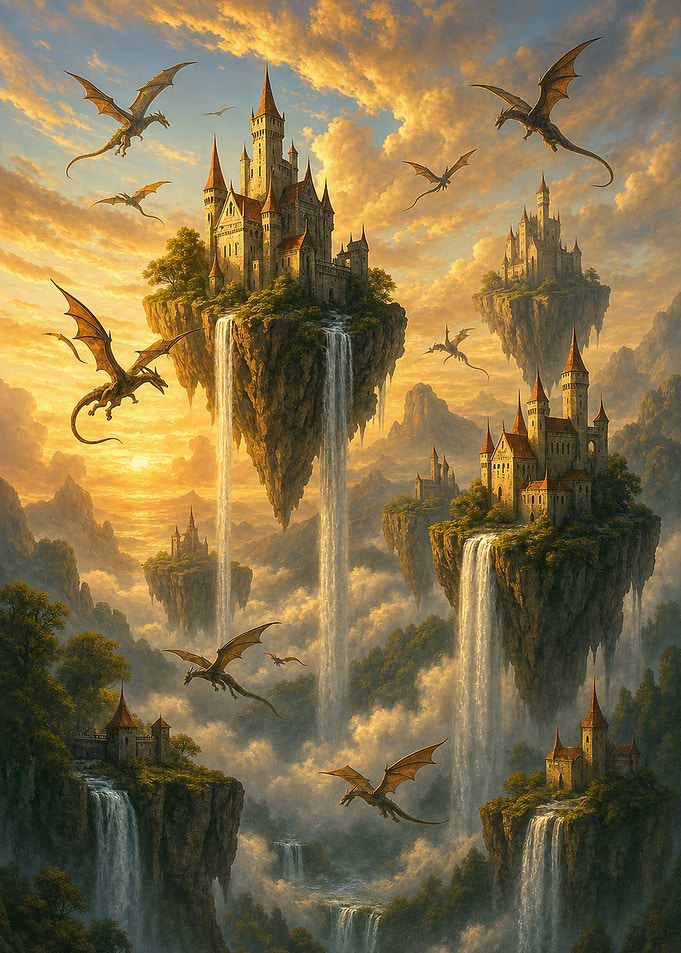 Floating Castles and Dragons at Sunset