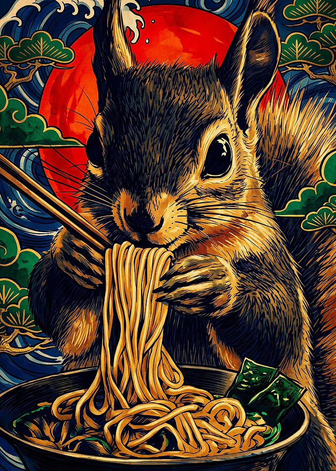Squirrel Eating Ramen Japanese Art