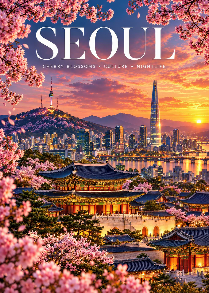 Seoul Cherry Blossom Sunset Travel Poster