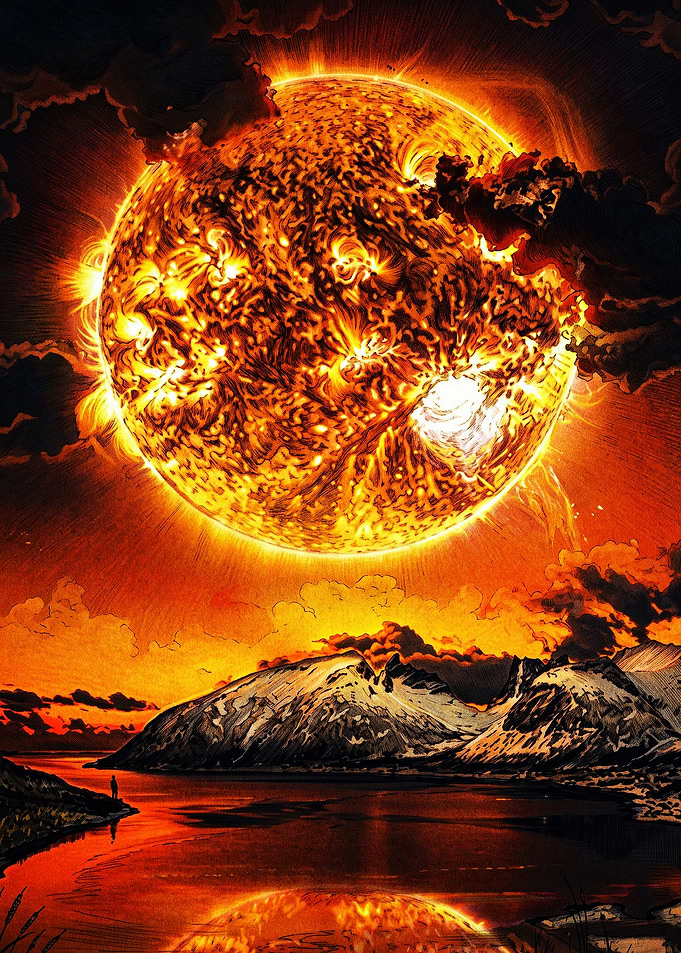 Apocalyptic Sun Over Mountain Landscape