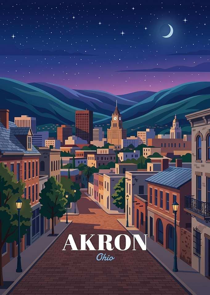Akron Ohio Cityscape Travel Poster
