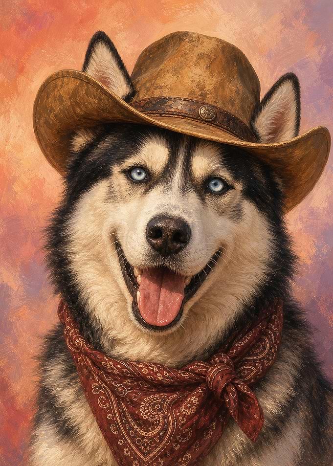 Husky Wall Art — Cowboy Portrait with Painted Background