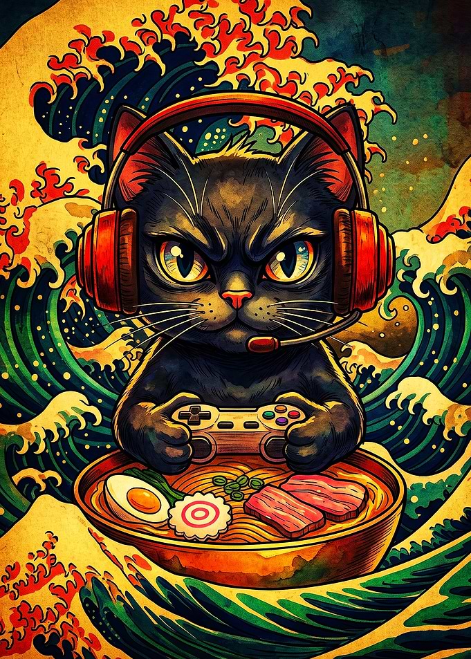 Gaming Black Cat Ramen Wave Art